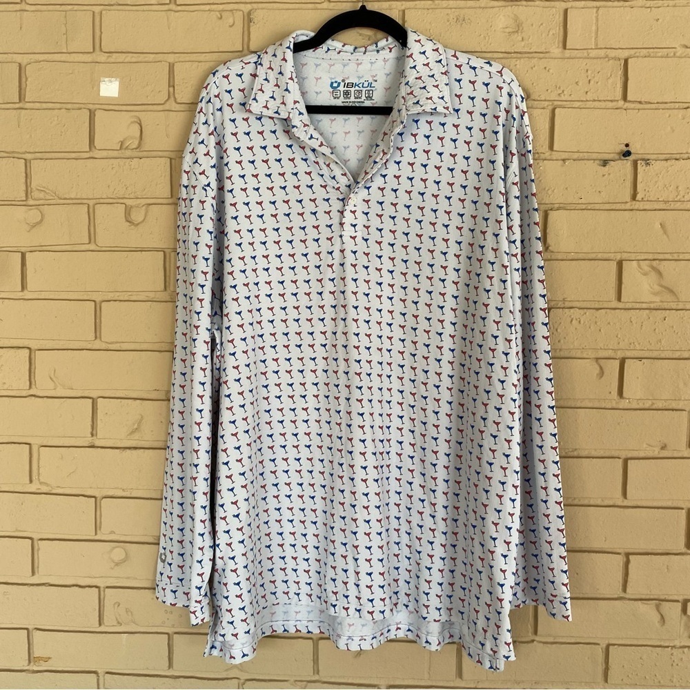 Ibkul Shirt Mens XXL Martini Glasses All Over Print Polo Long Sleeve UPF 50 Golf